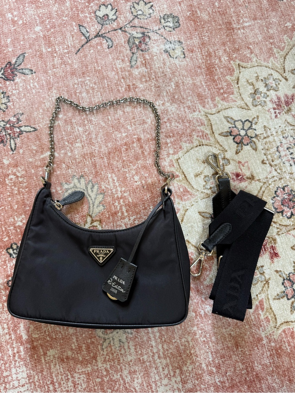 Black Nylon Shoulder Bag with Chain and Detachable Strap